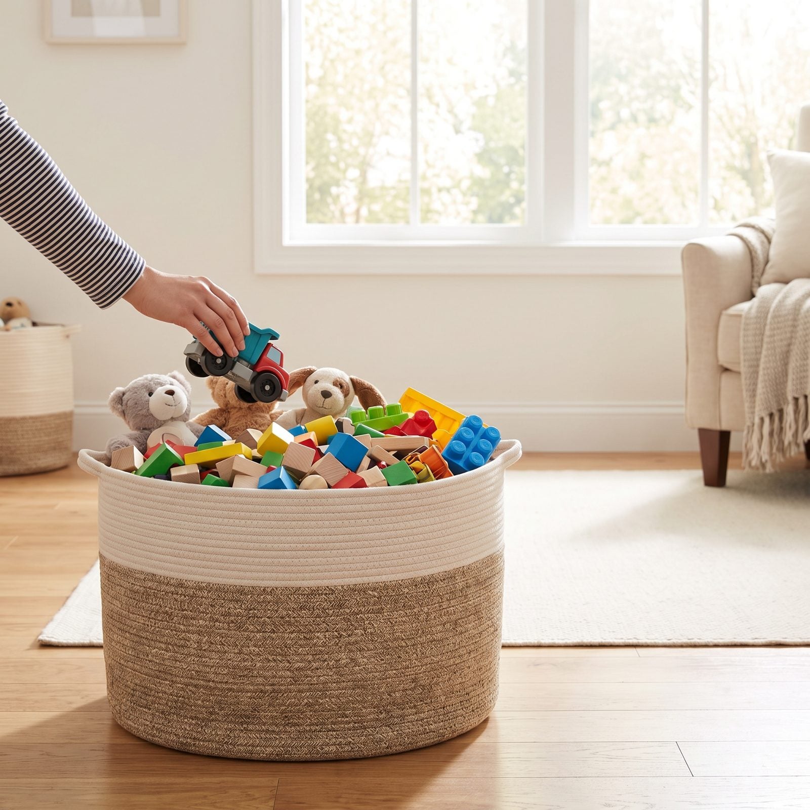 Scooping the Kids' Toys Into One Bin