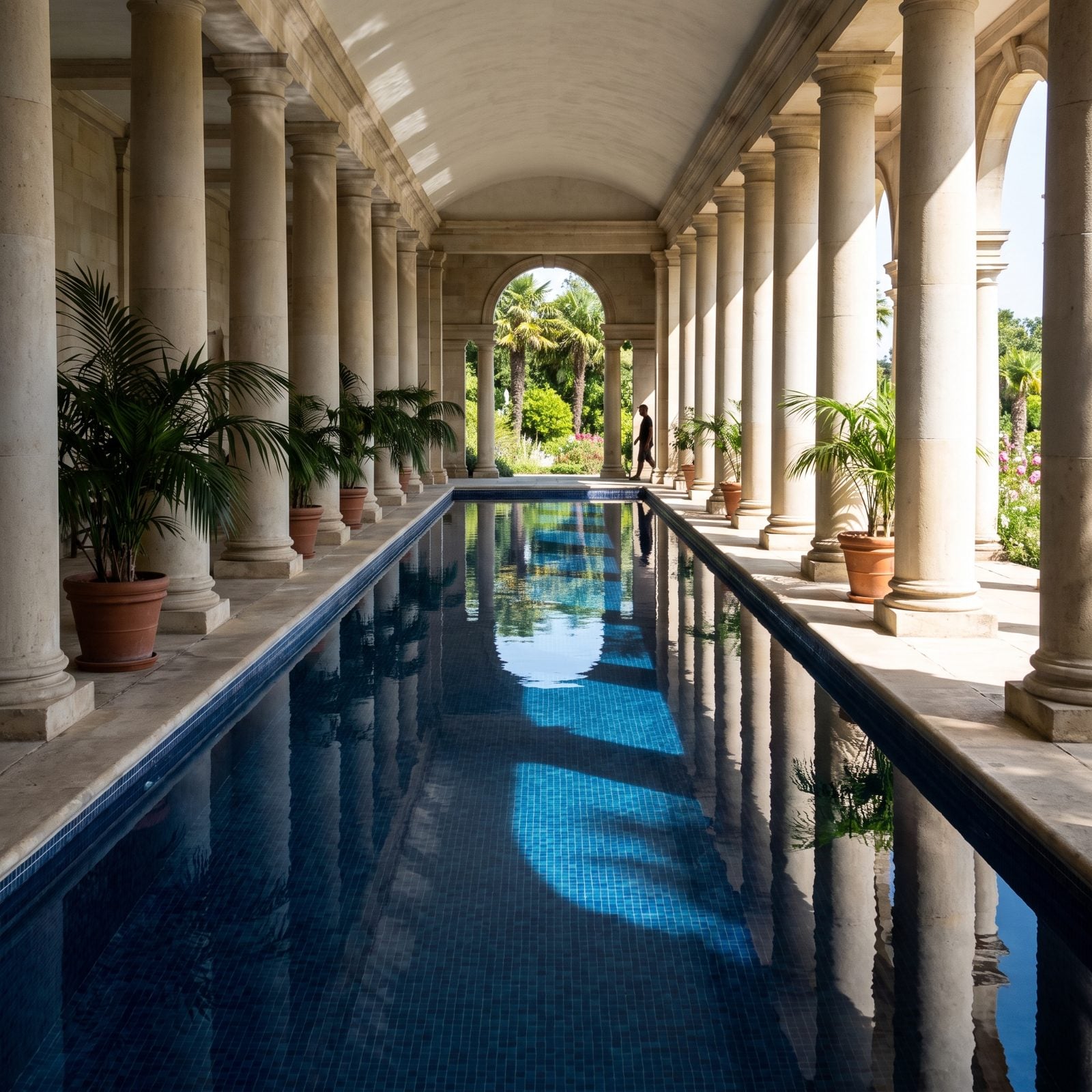 A Shaded Lap Pool Running Beneath a Grand Colonnade