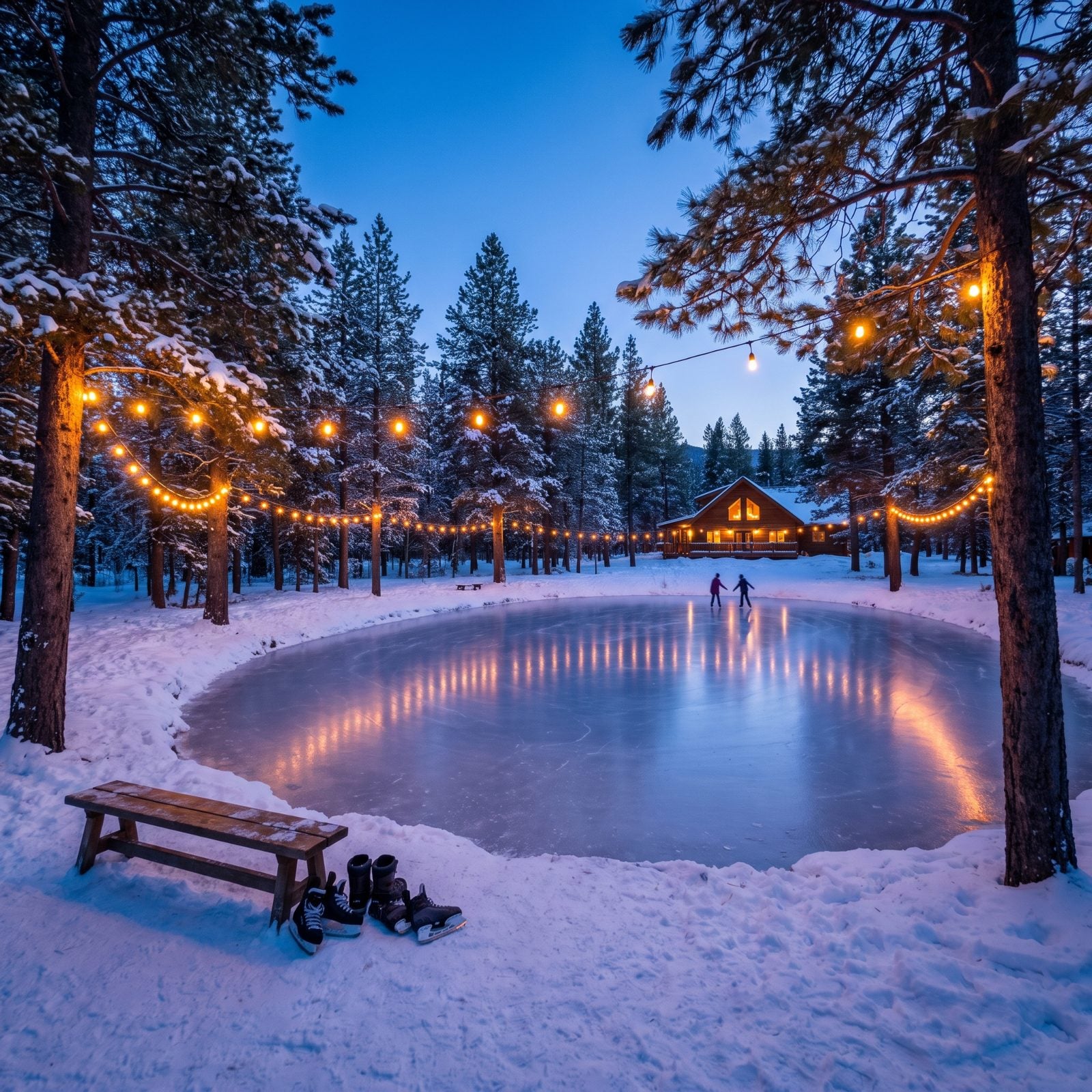 A Skating Pond With Maintained Ice and Evening Lights