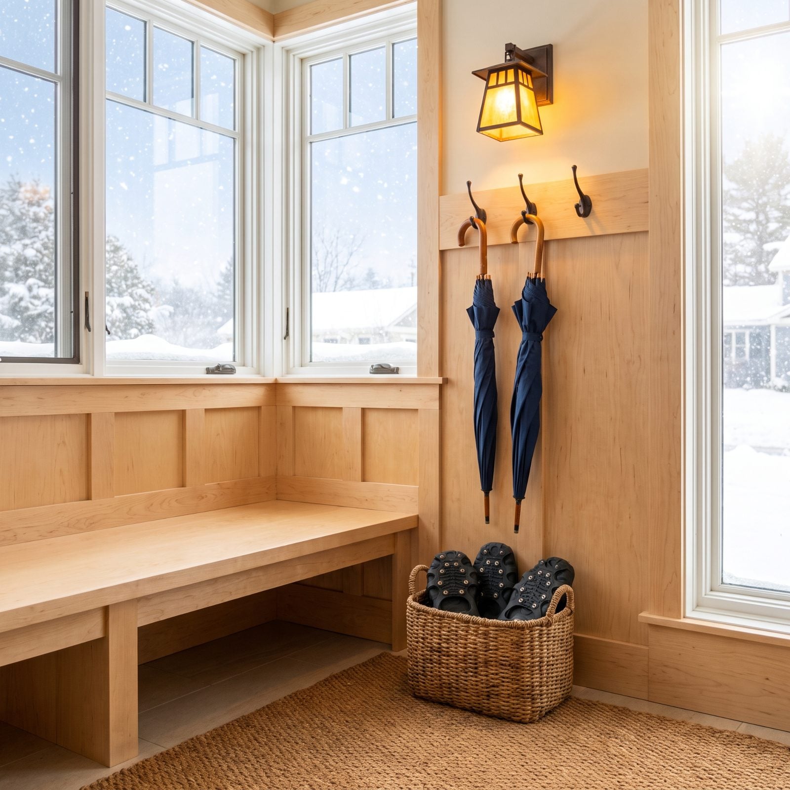 Spare Umbrellas and Traction Cleats Hanging by the Door