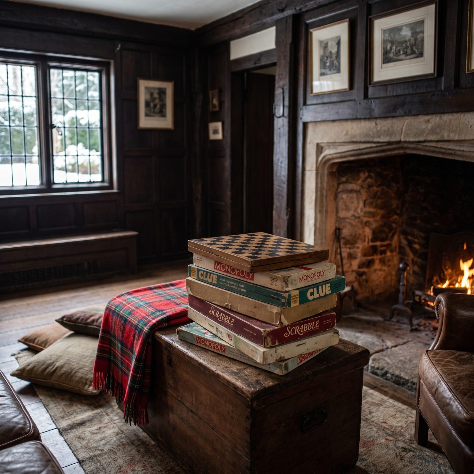 A Stack of Board Games Near the Hearth