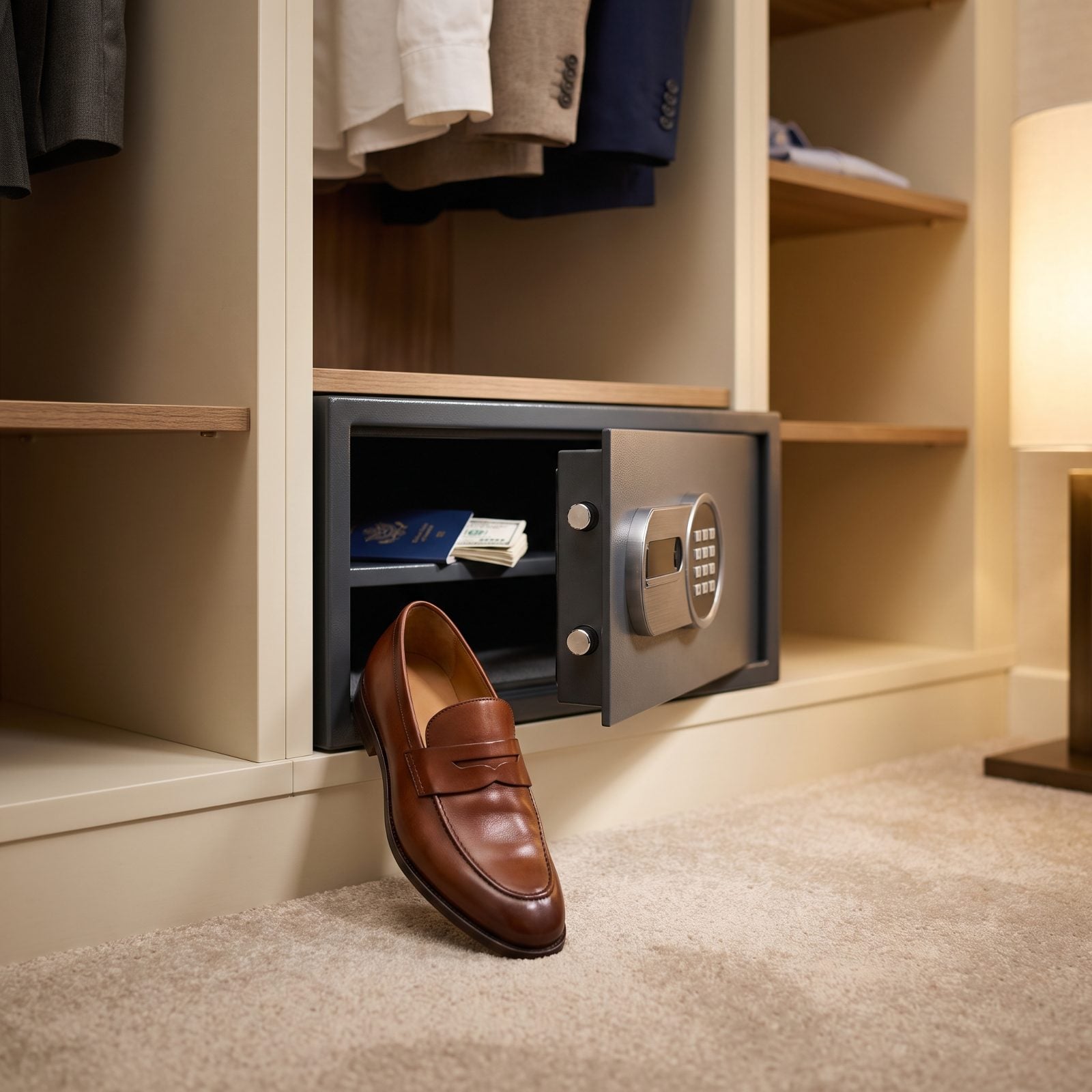 Stand One Departure Shoe Beside the Hotel Safe