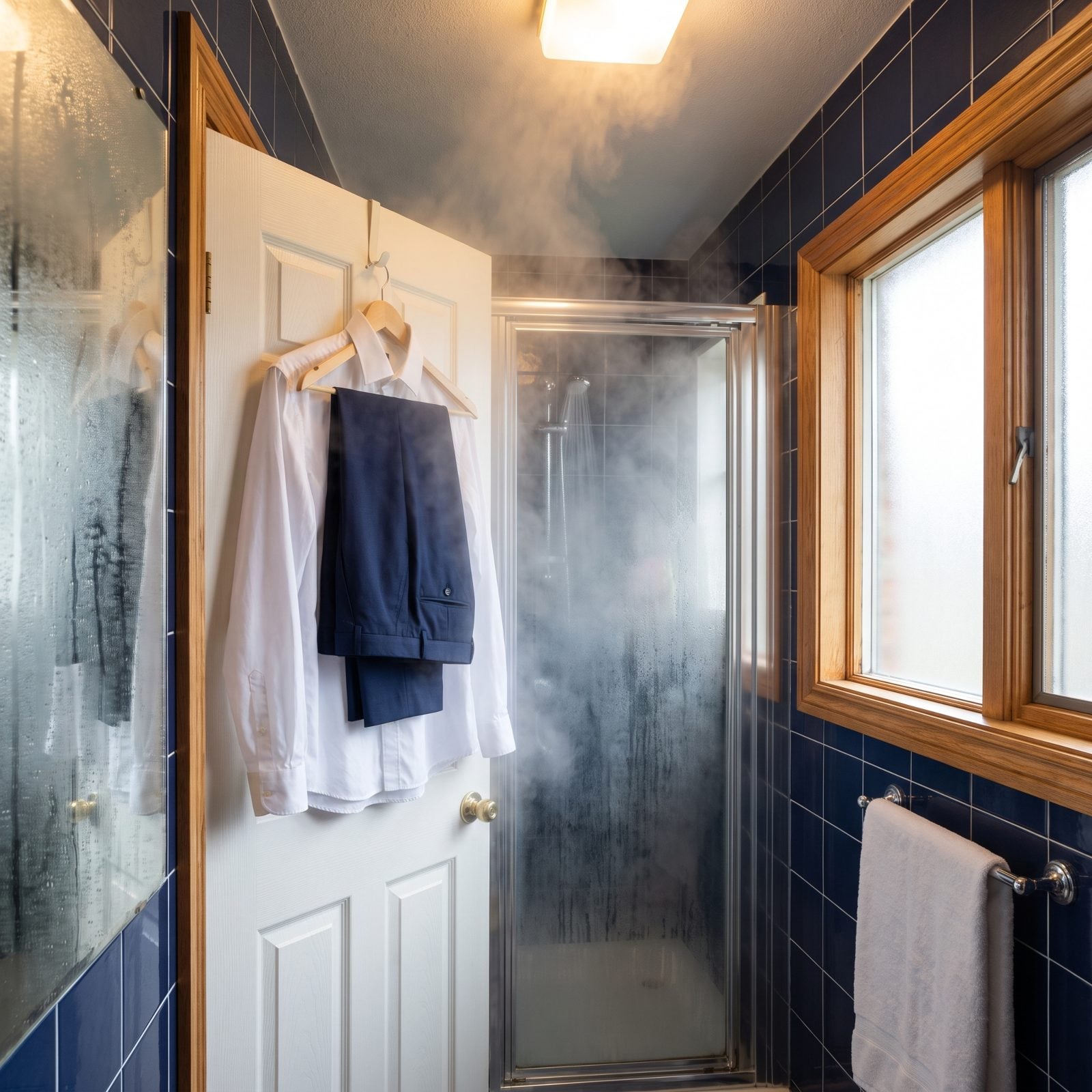 Steam Wrinkled Clothes in the Bathroom During a Hot Shower