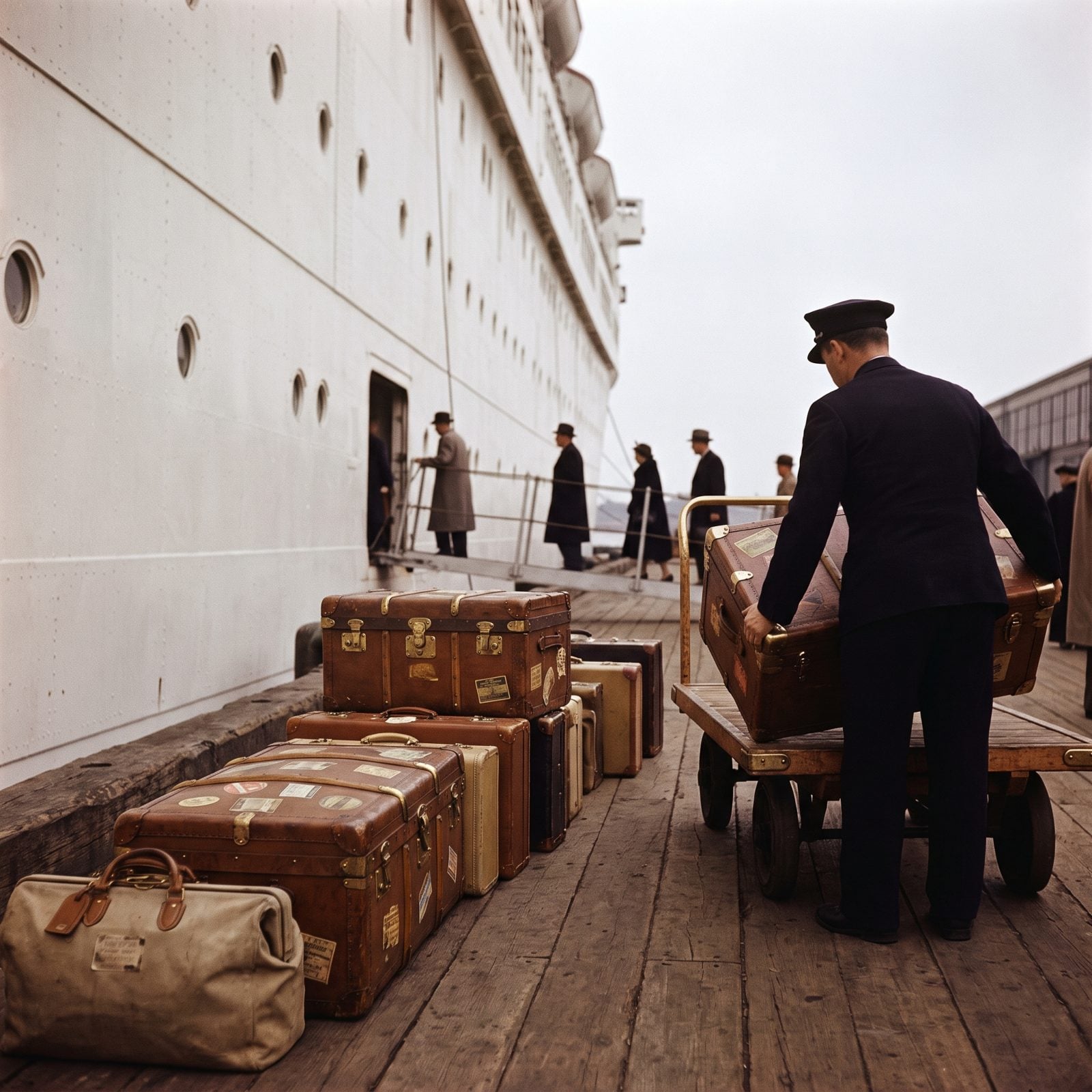 Steamer Trunks Lined Up Beside an Ocean Liner