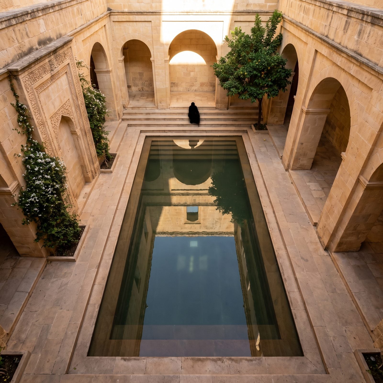 A Sunken Pool Sheltered Inside a Stone Courtyard