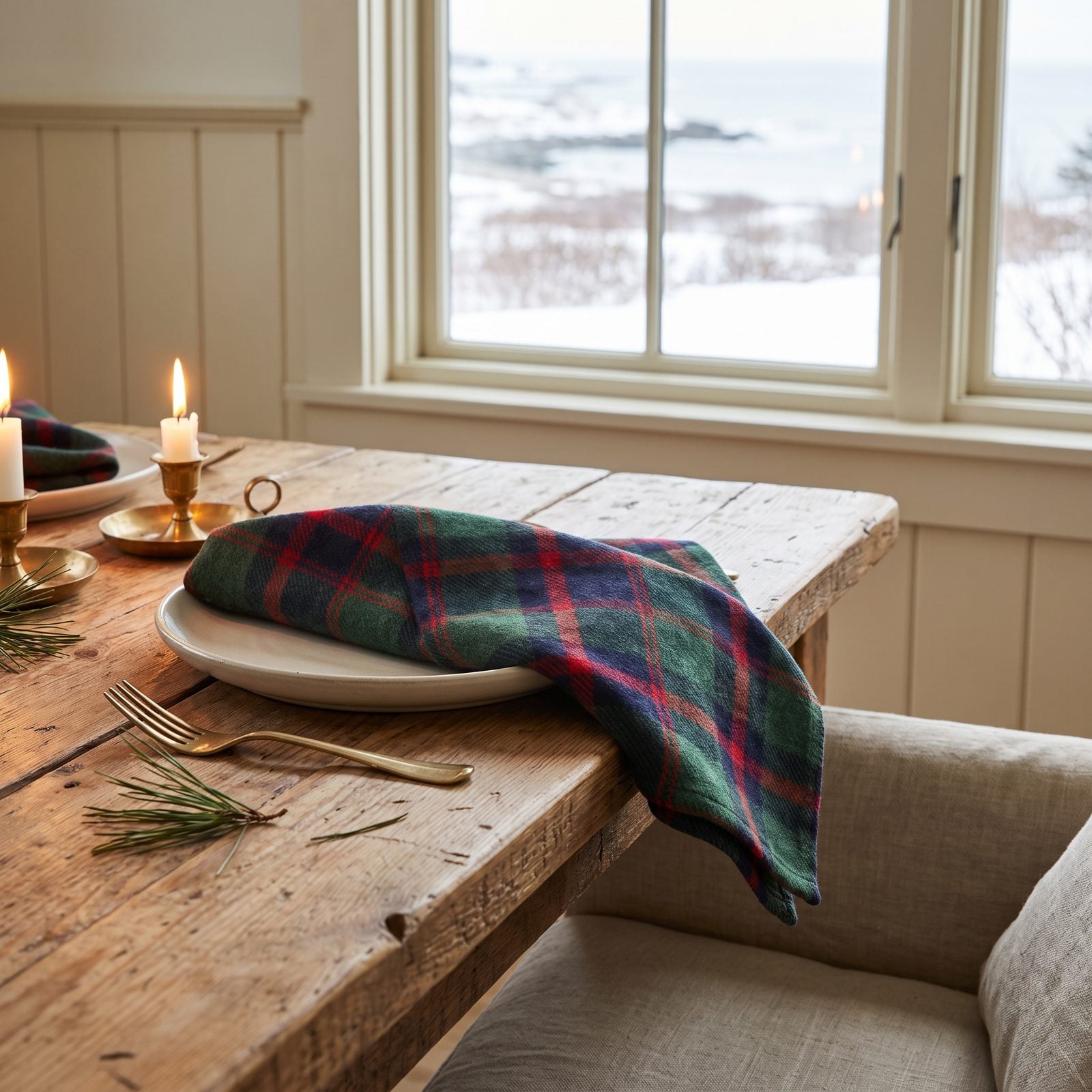 Tartan Napkins Against Natural Wood