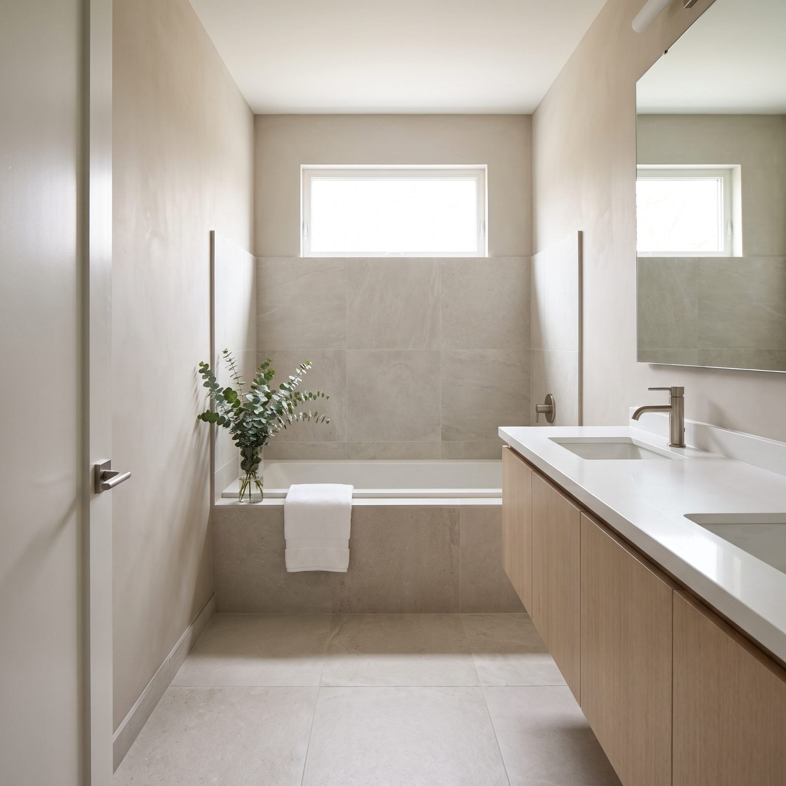 A Tub Set Across the Back Wall Stretches the Room Wide