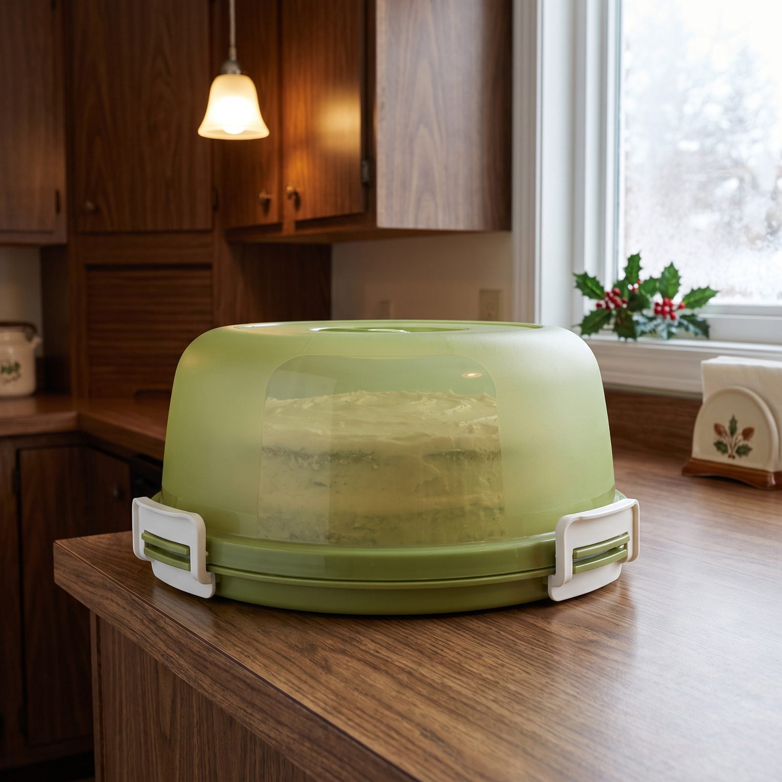 A Tupperware Cake Carrier With the Locking Handles
