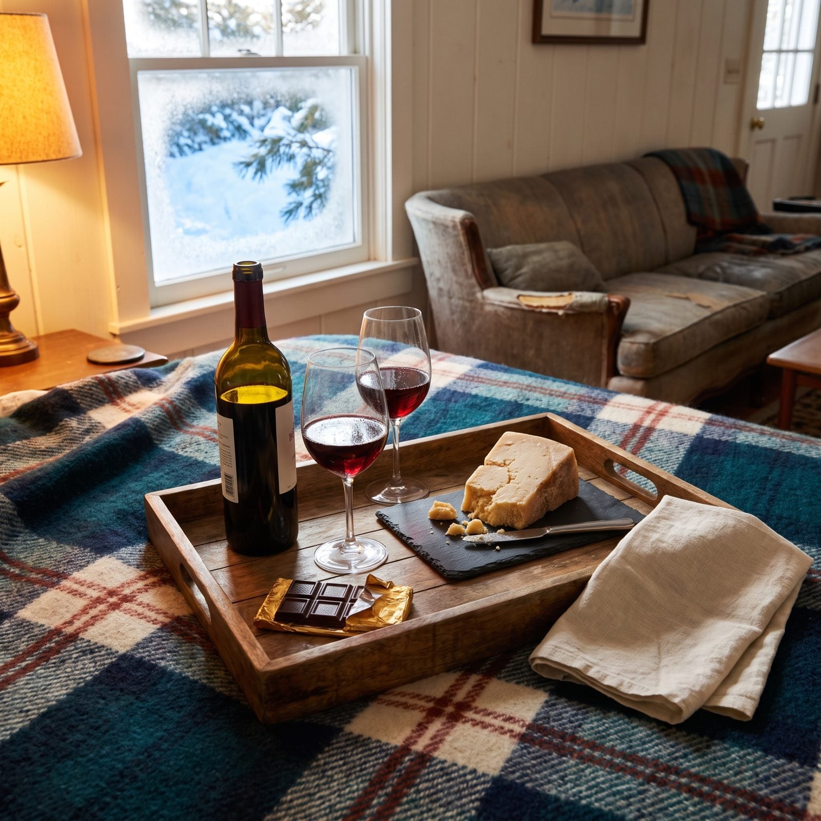 A Welcome Tray With Wine, Cheese and Local Chocolate