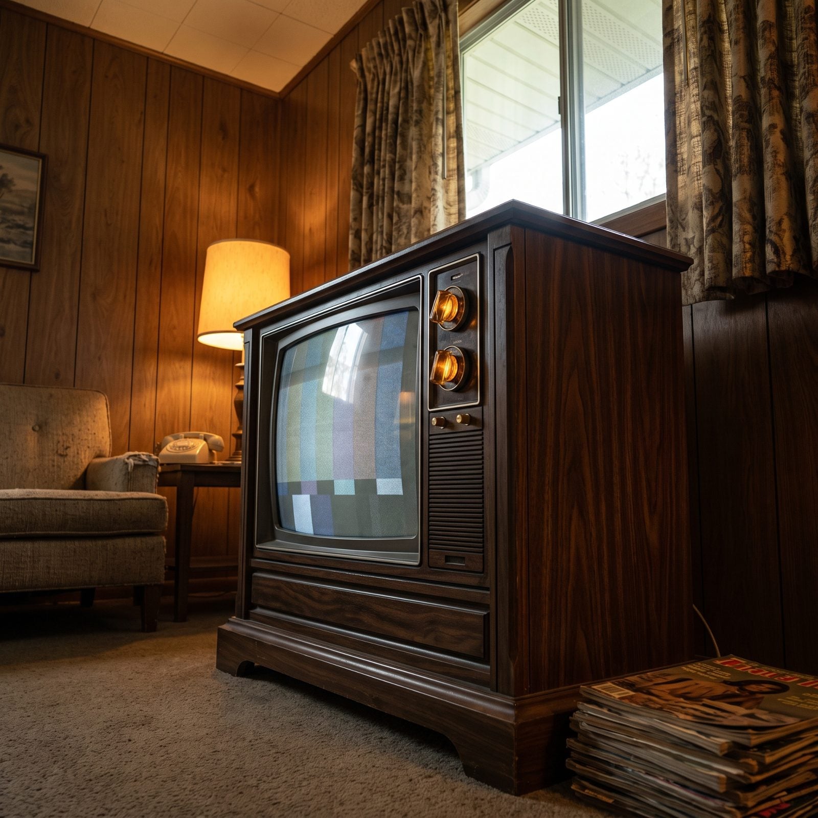 The Wood-Grain Television Parked in a Bulky Cabinet