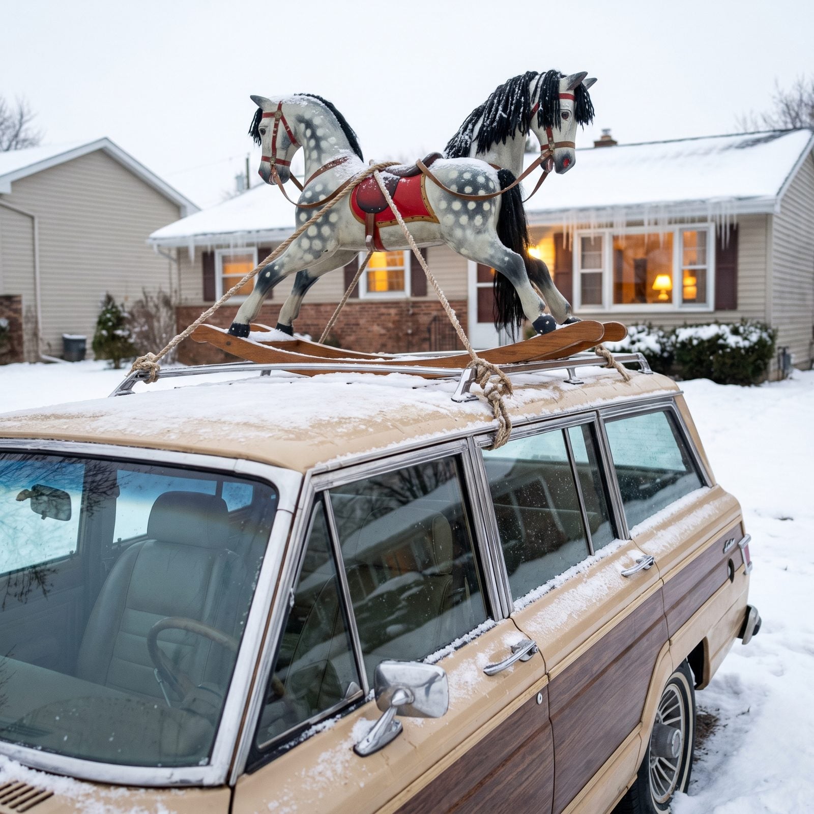 The Wooden Rocking Horse Roped to the Roof Rack