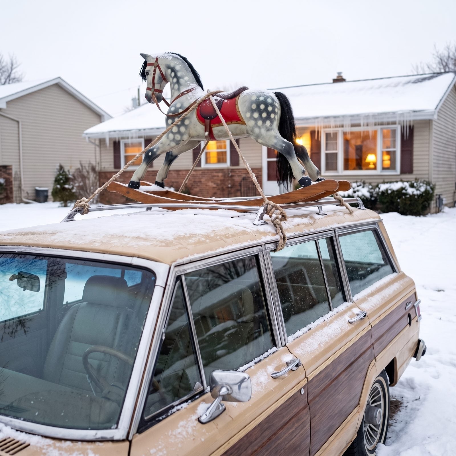 The Wooden Rocking Horse Roped to the Roof Rack